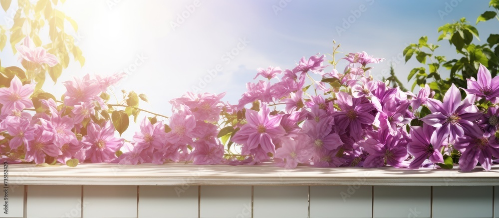 Leinwandbilder natural summertime cooking template fresh green leaves and violet flowers of clematis over an empty 