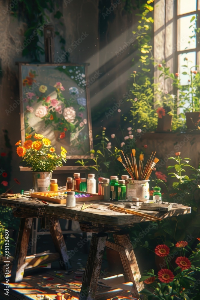 Poster A wooden table with a painting on top. Perfect for adding a touch of art to any space