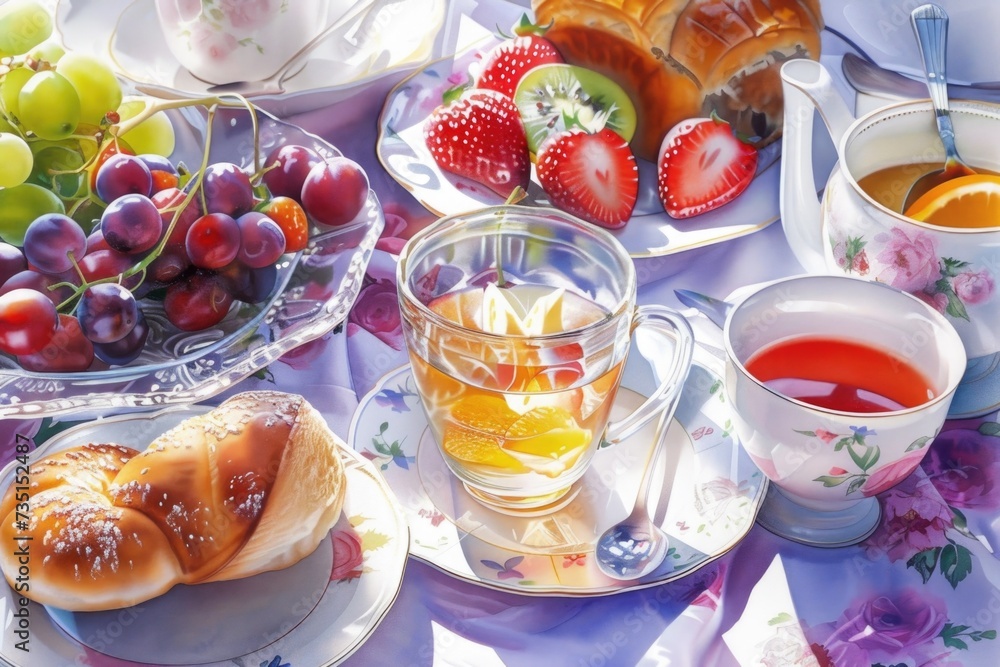 Poster a table with plates of food and cups of tea. perfect for showcasing a delicious meal or for use in f