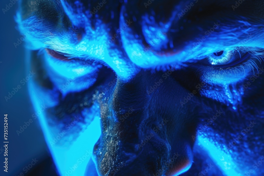 Poster close up view of a person's face illuminated by a blue light. this image can be used to convey emoti