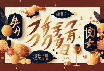 雅な和の素材イラストセット／お正月／謹賀新年／年賀／文字あり. Generative AI
