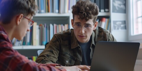 Two young men sitting in front of a laptop computer. Suitable for business, technology, and teamwork concepts
