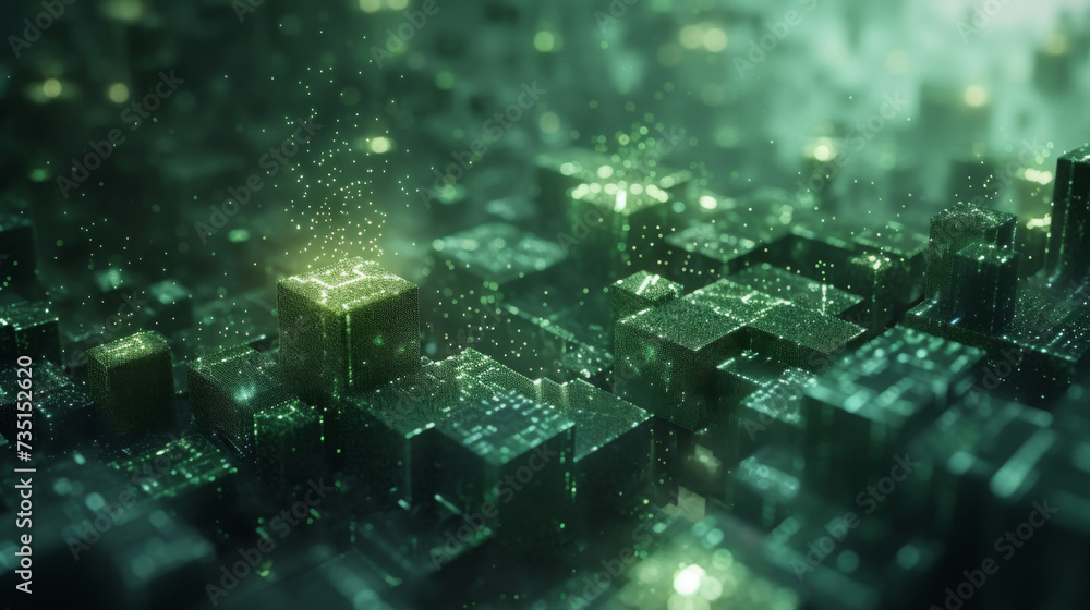 Poster a pixelated landscape each block representing a fragment of a greater digital universe waiting to be