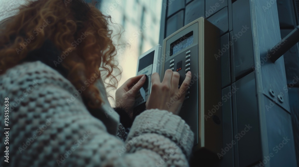 Poster a woman in a white sweater is using an electronic device. this image can be used to showcase modern 