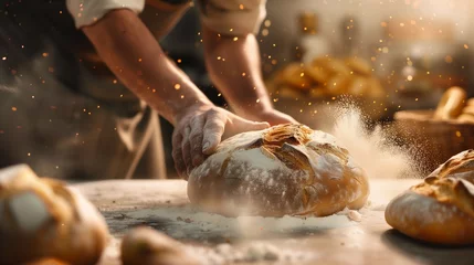 Fotobehang Bakkerij Baker prepares fresh bread in the bakery