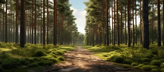 Foto auf Acrylglas Straße im Wald Pine forest trail landscape Trail in pine grove. Creative Banner. Copyspace image