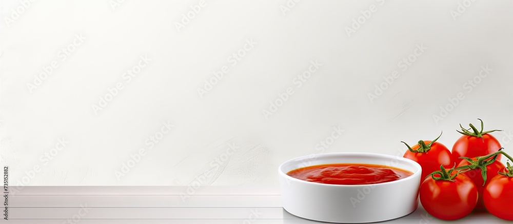 Aufkleber tomato sauce in white bowl and on a table. creative banner. copyspace image