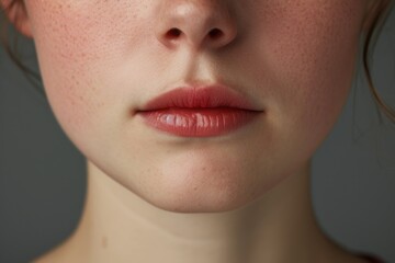 Obraz premium A detailed view of a woman's face with freckles. This image can be used to showcase natural beauty or for skincare and makeup related content