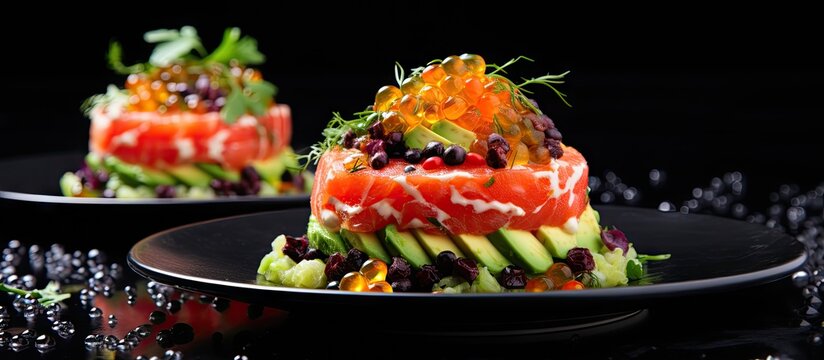 Salmon tartar with avocado spring onion tomato and caviar. Creative Banner. Copyspace image