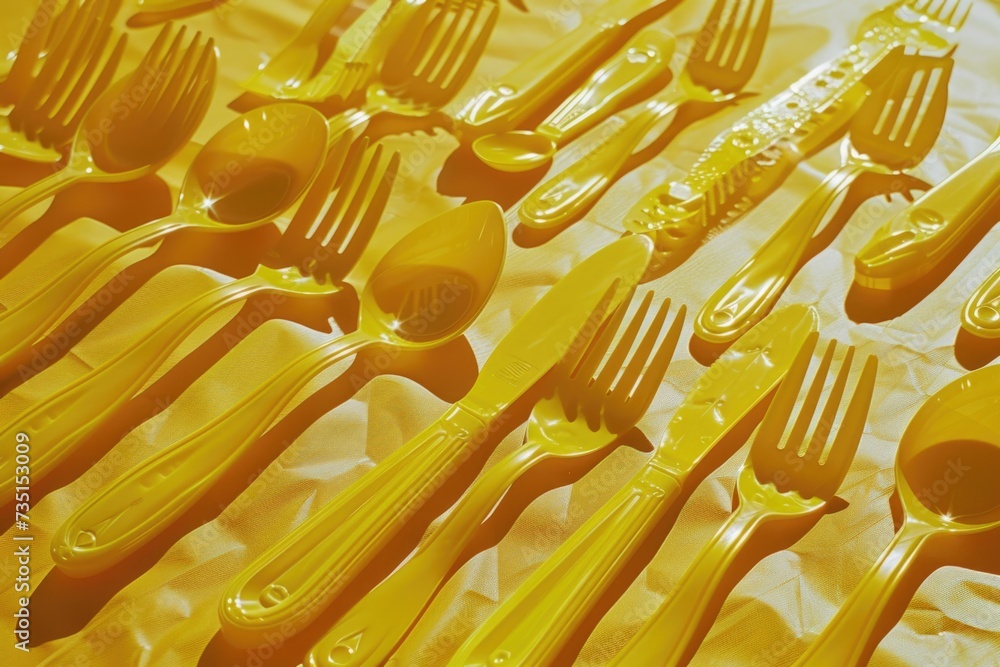 Poster A collection of forks and spoons arranged neatly on a table. Perfect for illustrating a dining setting or showcasing cutlery options for restaurants or home use