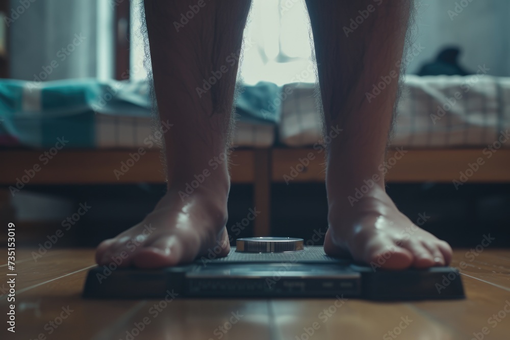 Poster A person standing on a scale on a wooden floor. Ideal for weight measurement and health concepts