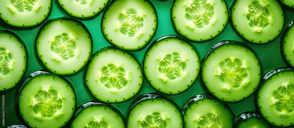 Poster sliced fresh green cucumber in the bowl top view. creative banner. copyspace image