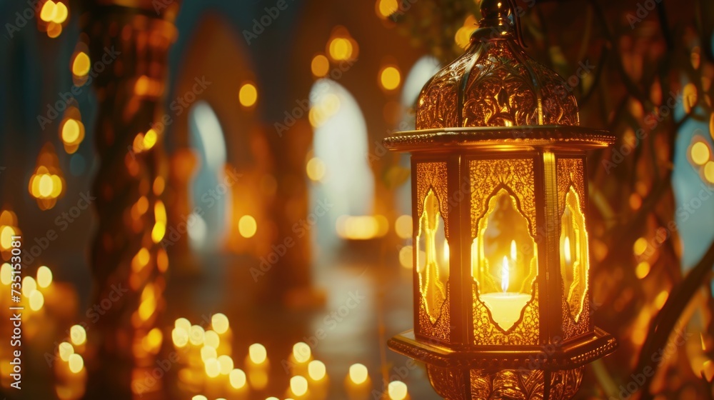 Poster A lit candle is showcased inside an intricately designed lantern. This image can be used to create a cozy and warm atmosphere, perfect for home decor or event invitations
