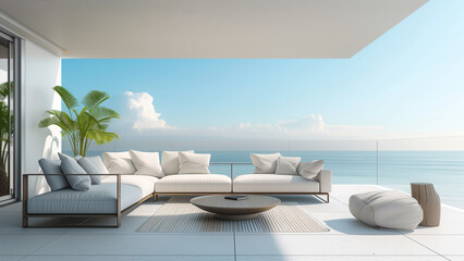 Fototapeta na wymiar Outdoor minimal terrace with trees and sofa decoration. Seascape and sky view