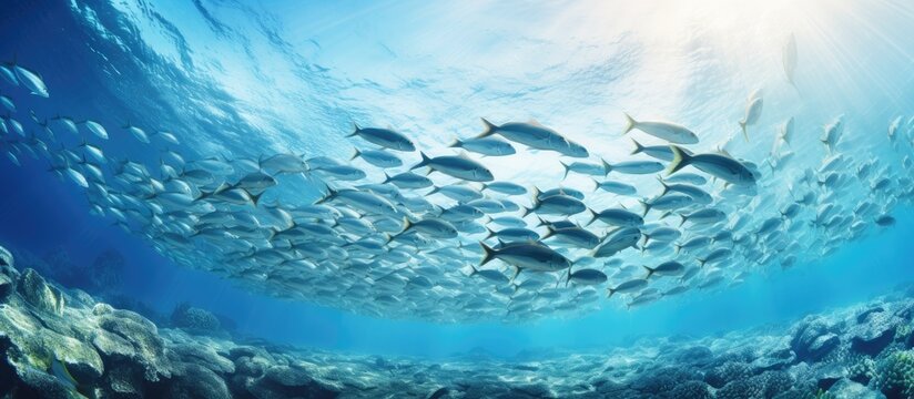Massive school of sardines in a shallow reef Sardine shoal or sardine run in Moalboal is a famous tourist destination in the southern town of Cebu Philippines. Creative Banner. Copyspace image
