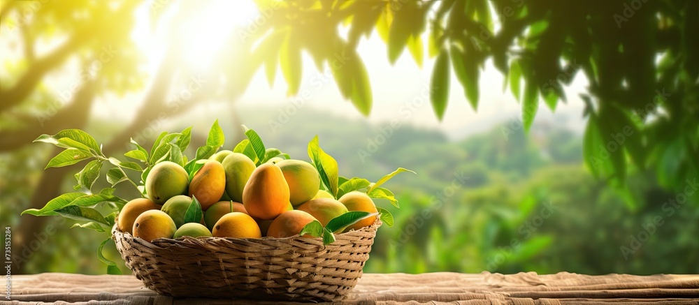 Poster mango in basket with leaves on wooden table and mango tree farm with sunlight background. creative b