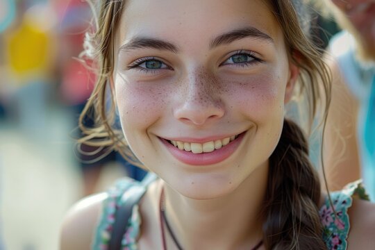 A close-up shot of a person with a smile on their face. This image can be used to portray happiness and positivity