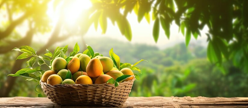 Mango in basket with leaves on wooden table and Mango tree farm with sunlight background. Creative Banner. Copyspace image - Powered by Adobe