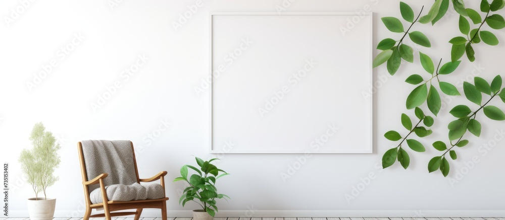 Sticker White flat interior with leaves posters and brazilian chair hanging by the window. Creative Banner. Copyspace image