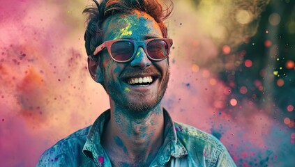 Smile through the colors! A man grins amidst vibrant powder. Photo-realistic techniques showcase a psychedelic color palette. Elevate your visuals with this vivid and expressive stock photo. - obrazy, fototapety, plakaty
