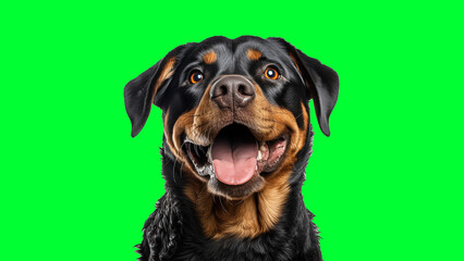 Obraz premium Portrait photo of smiling Rottweiler on green background