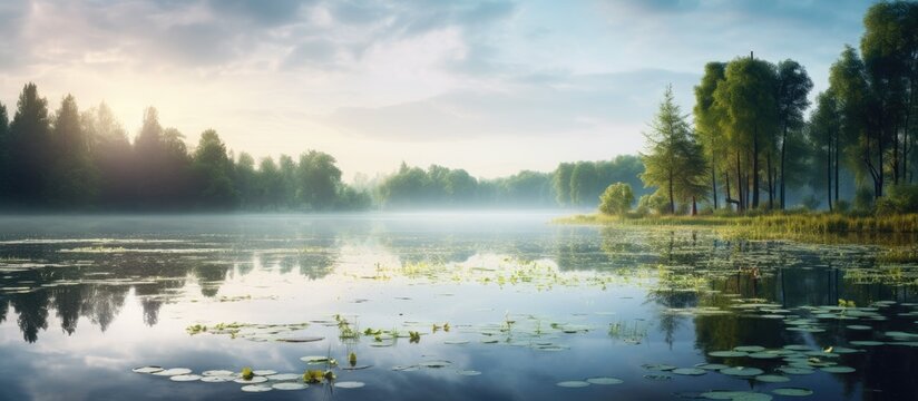 Misty morning on the lake in the forest Beautiful summer landscape. Creative Banner. Copyspace image
