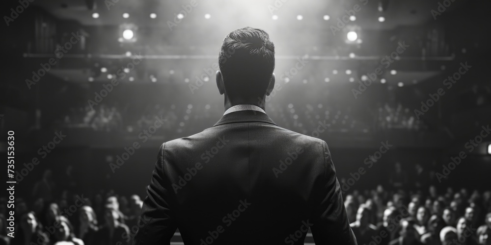 Poster a man wearing a suit stands confidently in front of a large crowd. this image can be used to represe