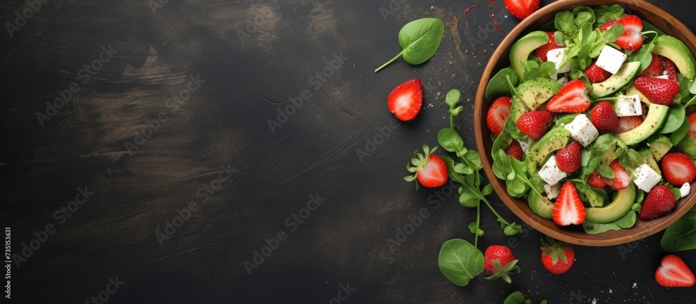 Poster strawberry spinach cucumber feta cheese salad top view copy space flat lay. creative banner. copyspa