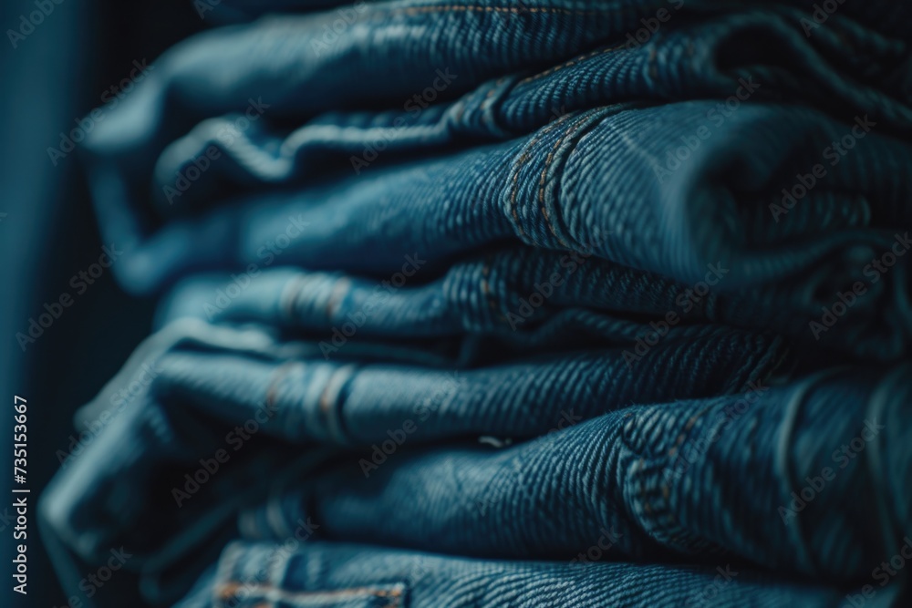 Poster a stack of blue jeans neatly piled on top of each other. perfect for fashion or retail concepts