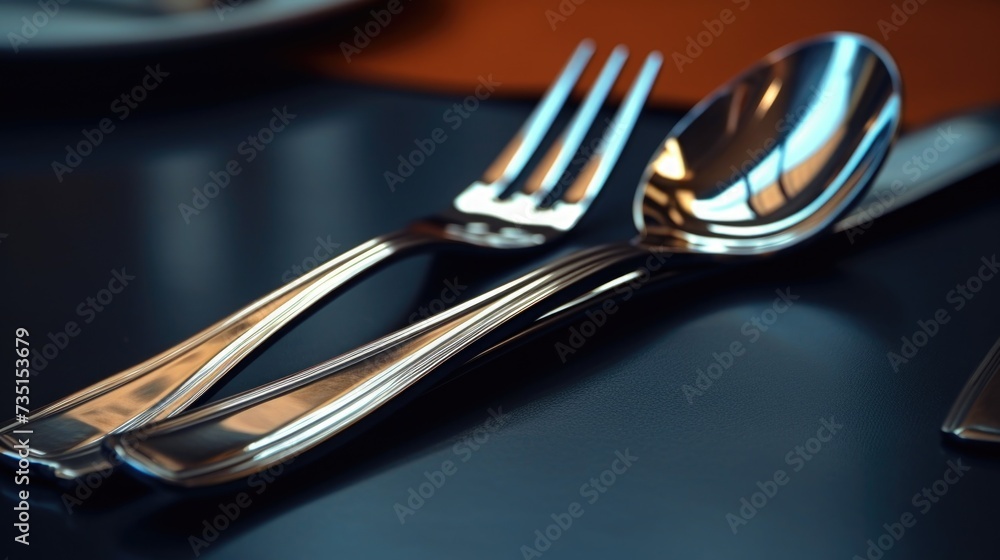 Poster Close up of a fork and spoon on a table. Suitable for food-related projects and restaurant themes