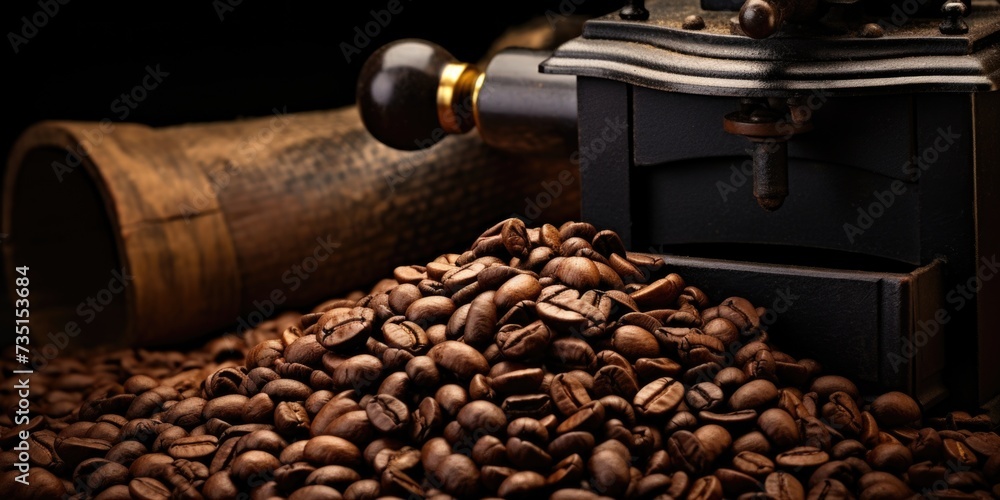 Poster A pile of coffee beans next to a coffee grinder. Perfect for coffee lovers and cafe scenes