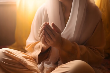 close up woman praying to God at home - obrazy, fototapety, plakaty