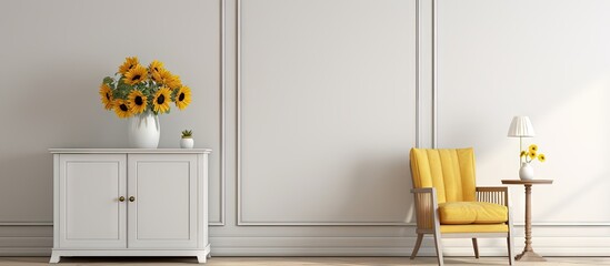 White living room interior with herringbone floor gold lamp gallery on wall and grey chair standing next to cupboard with sunflowers in real photo through the door. Creative Banner. Copyspace image