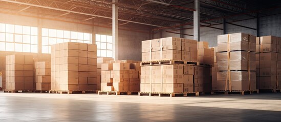 Shipment boxes Warehouse worker lifting cardboard boxes stacking on pallet rack Cargo export Distribution warrehousing transportation. Creative Banner. Copyspace image