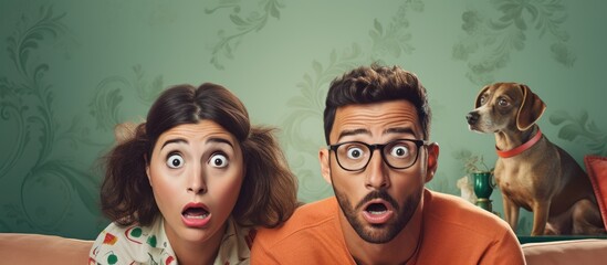 Young hispanic couple with dogs relaxing at home in shock face looking skeptical and sarcastic surprised with open mouth. Creative Banner. Copyspace image - obrazy, fototapety, plakaty
