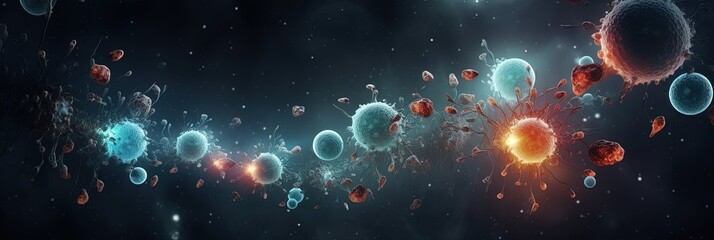 Glowing microbial universe, virus cells in human body - obrazy, fototapety, plakaty