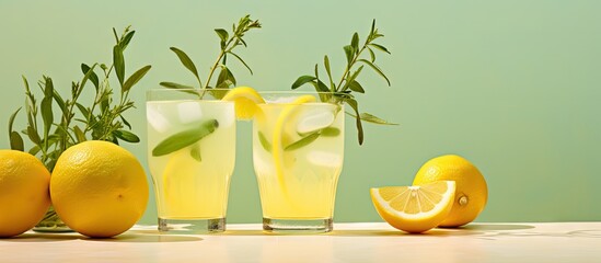 Meyer Lemon and Thyme Bees Knees Cocktails Gin cocktails made with Meyer lemon juice and garnished with thyme sprigs and a slice of lemon. Creative Banner. Copyspace image - obrazy, fototapety, plakaty