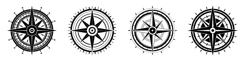 Compass icon. Set of compass symbols. Black icon of compass isolated on white