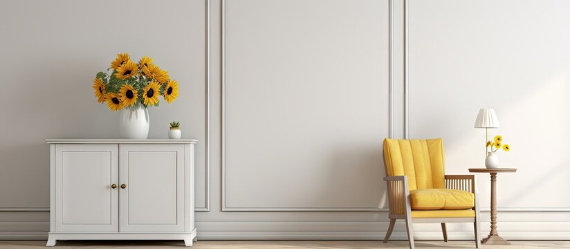 White living room interior with herringbone floor gold lamp gallery on wall and grey chair standing next to cupboard with sunflowers in real photo through the door. Creative Banner. Copyspace image