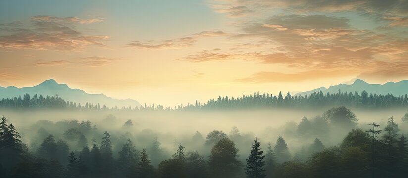 Misty morning with the rising sun over the forest. Creative Banner. Copyspace image