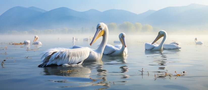 Nature in romania danube a flock of pelicans gracefully swimming in a serene body of water wildlife Delta landscape. Creative Banner. Copyspace image