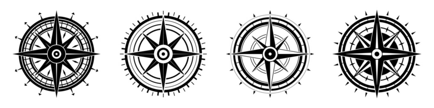 Compass icon. Set of compass symbols. Black icon of compass isolated on white