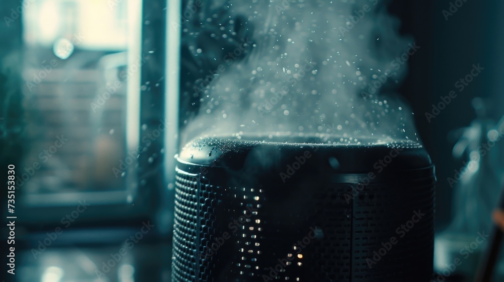 Aufkleber an image of a black air purifier with steam coming out of it. this picture can be used to illustrate