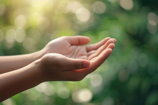 Side view of hands offering charity and support to the needy, ramadan concept isolated on green nature background