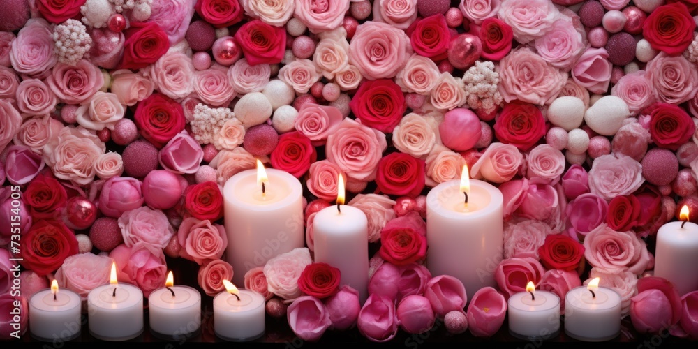 Poster a group of white candles surrounded by pink roses. can be used for various occasions and settings