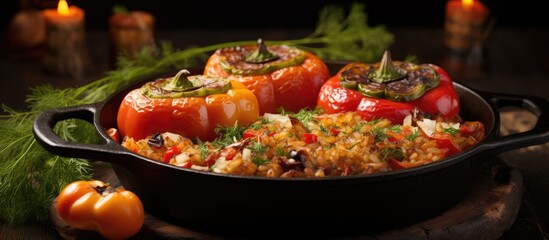 Red pepper stuffed with meat bulgur and vegetables in a cast iron pan Baked stuffed peppers. Creative Banner. Copyspace image - obrazy, fototapety, plakaty