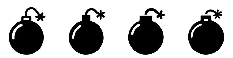 Bomb icon. Set of bomb symbols. Black icon of bomb isolated on white background.