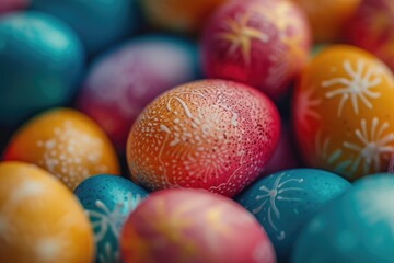 A stack of vibrant painted Easter eggs. Perfect for Easter-themed designs and festive decorations