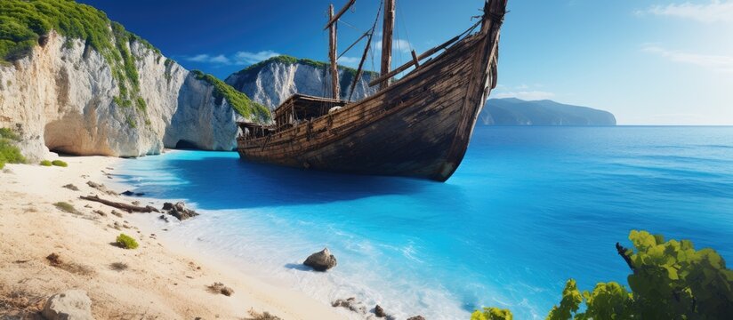 Shipwreck at Naviago Bay Zante Zakynthos. Creative Banner. Copyspace image
