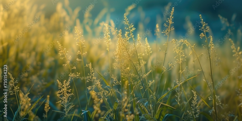 Poster a picture of a field of tall grass with the sun shining on it. this image can be used to depict natu